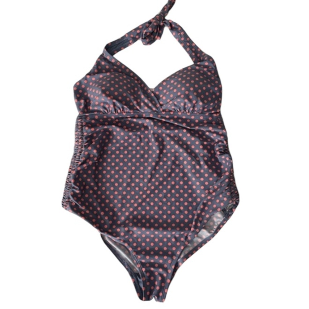 Beach Bump Motherhood Gray & Pink Polka Dot One Piece Cinched Swimsuit NWOT